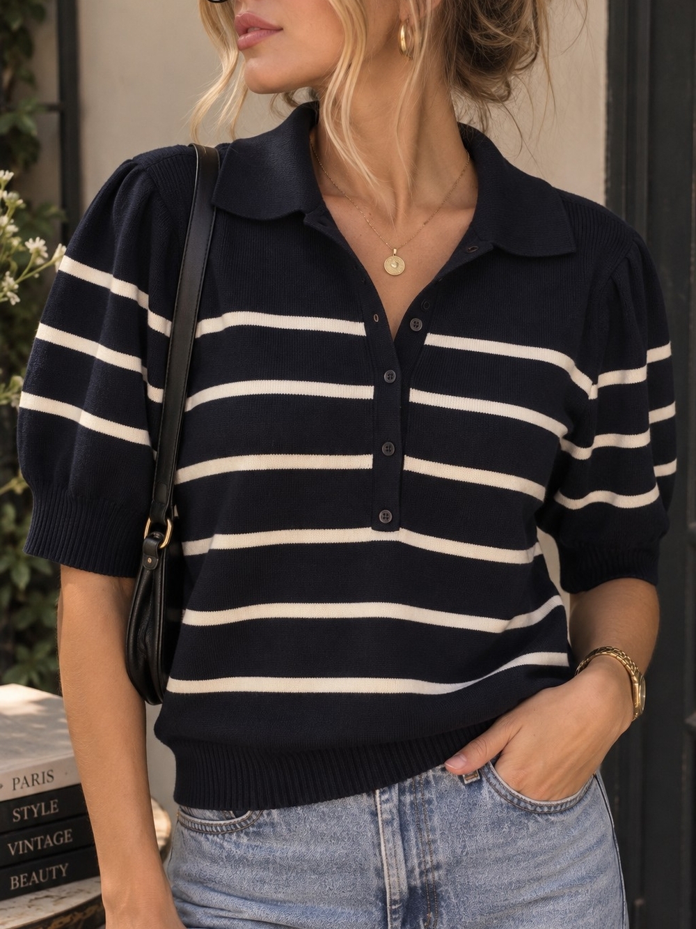 Free Assembly Striped Knit Polo Sweater Top Medium | 90s Coastal Preppy